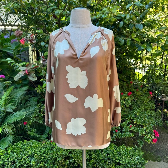 Theory Floral Print Silk Top Camel Sz S - Picture 2 of 11